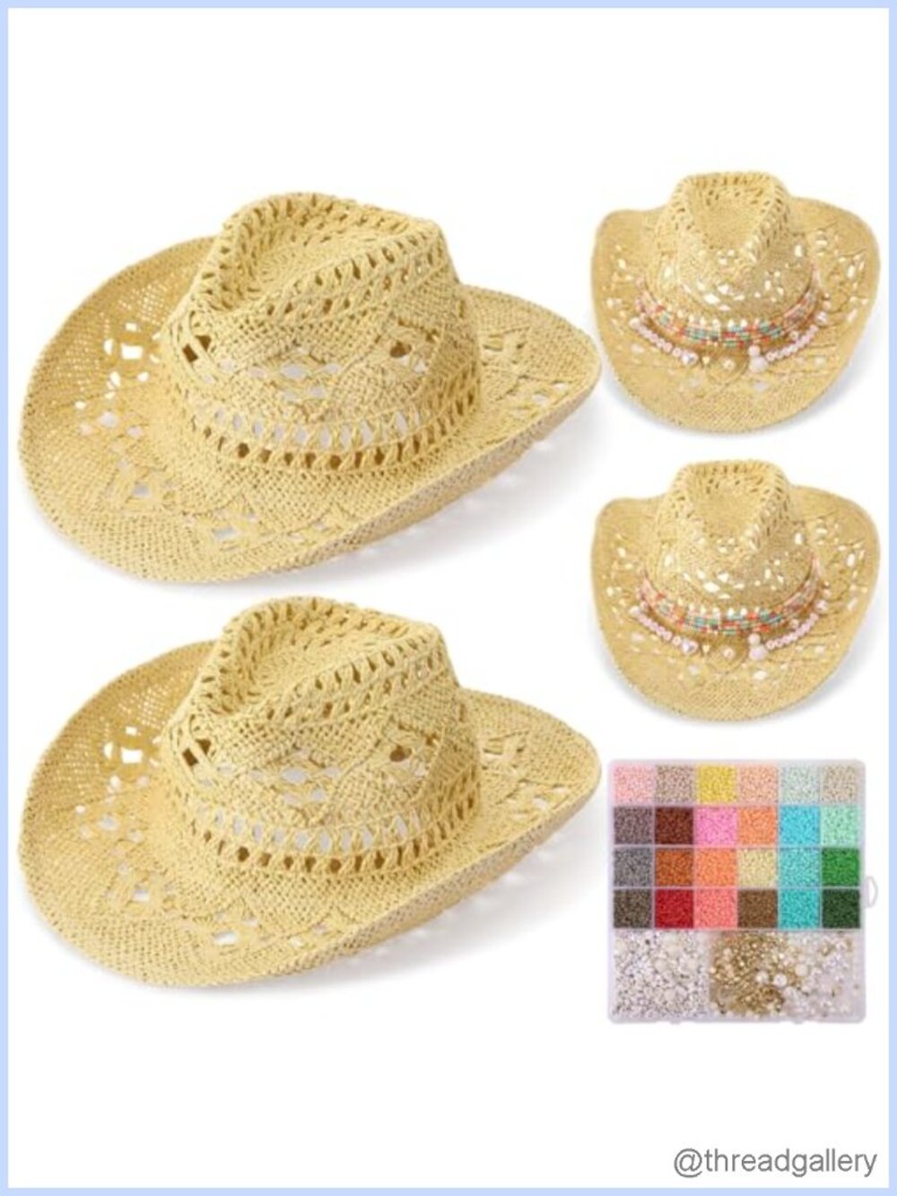 2 Pack DIY Straw Cowgirl Hat Craft Set Beaded Bohemian Beach Hats